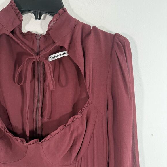 NWT Reformation Vivianne Maroon Sweetheart Tie Neck Long Sleeve Mini Dress 8 - Picture 9 of 15
